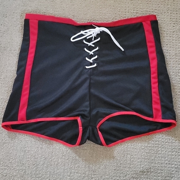 Dolls Kill 1/2 of Cheerleader Costume High Waist Lace Up Two Tone Mini Shorts - Picture 2 of 10